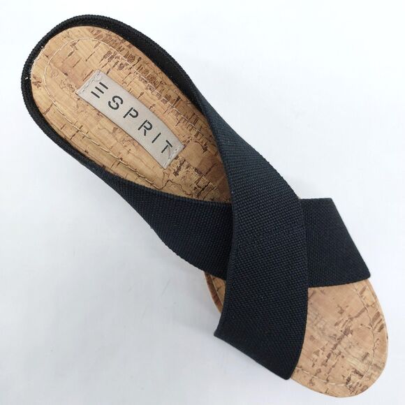 Esprit Black Cork Wedge Slide Sandals Women’s Sz 9M Criss Cross Canvas Platform - Picture 11 of 11